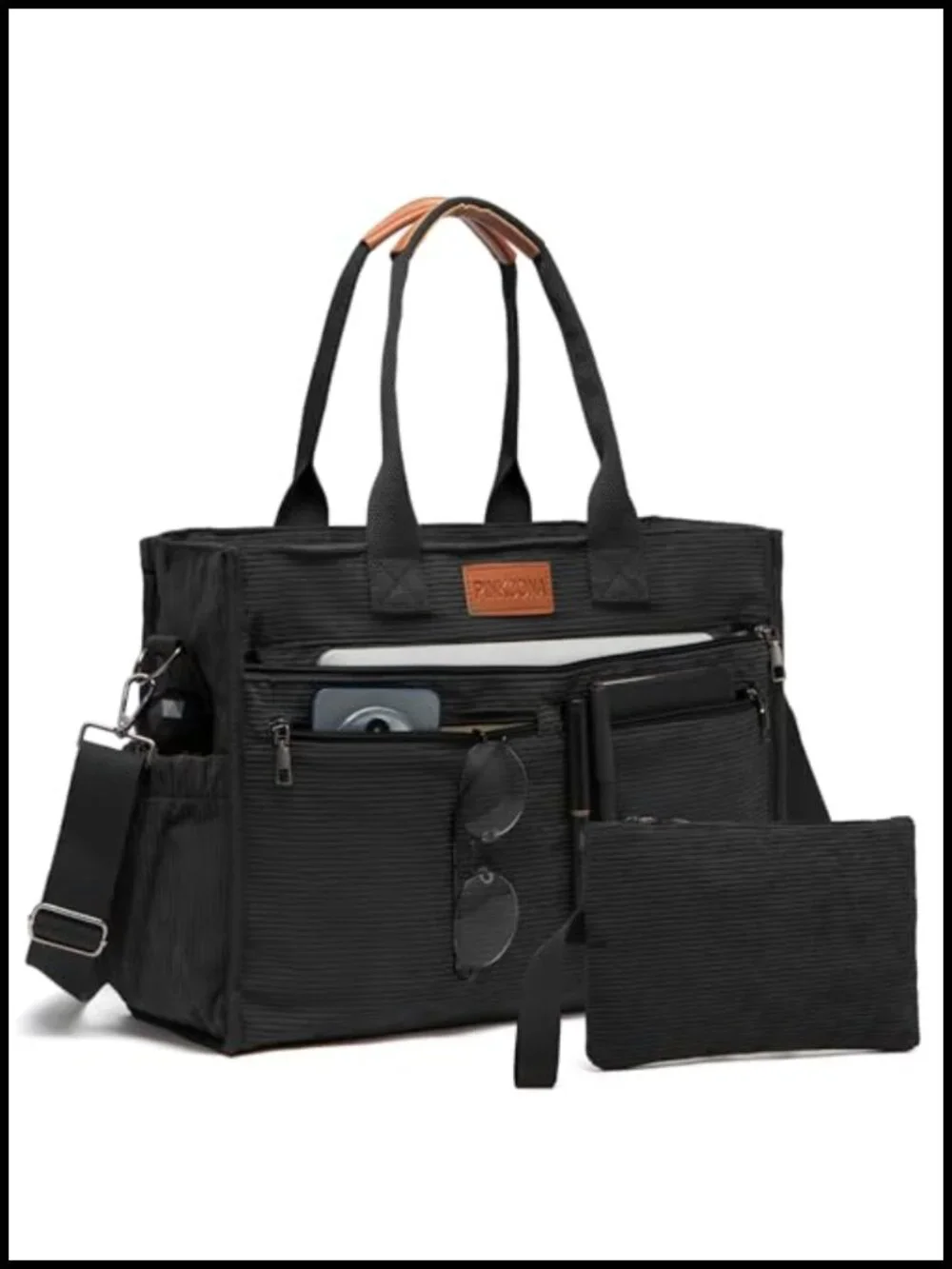 2-Piece Corduroy Tote Set, 14-Pocket Laptop Work Bag with Padded Compartment